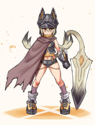  1girl animal_hat black_footwear black_gloves black_hair black_shirt black_shorts cape cat_girl cat_hat cat_tail clenched_hand closed_mouth cougar_(cougar1404) frown full_body gloves gradient_hair grey_cape grey_hair grey_socks hat huge_weapon key_(cougar1404) long_hair looking_at_viewer low_twintails micro_shorts multicolored_hair orange_shirt original prototype_design ribbed_shirt shirt shoes shorts sleeveless sleeveless_shirt socks solo standing suspender_shorts suspenders sword tail thigh_strap torn_cape torn_clothes twintails weapon yellow_eyes 
