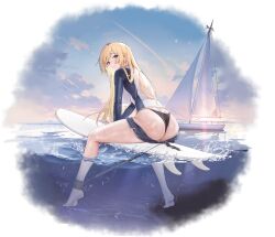  1girl ass azur_lane back barefoot bikini bikini_bottom_only bikini_under_shorts black_bikini black_bikini_bottom blonde_hair blue_eyes blush boat bodysuit bound braid breasts byulzzi closed_mouth clothes_pull cloud day diving_suit feet from_behind full_body hair_between_eyes highres kongou_(azur_lane) kongou_(troubled_seas)_(azur_lane) large_breasts legs logo long_hair long_sleeves looking_at_viewer looking_back non-web_source ocean official_alternate_costume official_art outdoors rash_guard sailboat short_shorts shorts shorts_pull sitting sky soles solo surfboard surfing swimsuit swimsuit_under_clothes thighs thong_bikini underwear water watercraft wet wet_clothes wetsuit  rating:Sensitive score:18 user:danbooru