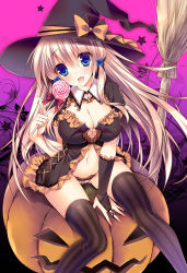  1girl :d babydoll black_background black_thighhighs blonde_hair blue_eyes blush bow breasts bridal_gauntlets broom brown_hair candy cleavage detached_collar dress food gradient_background hair_ornament halloween hat hat_bow jack-o&#039;-lantern lace lace-trimmed_panties lace_trim large_breasts lingerie lollipop long_hair looking_at_viewer navel open_mouth original panties pink_background pumpkin purple_background sitting sitting_on_object smile solo sorai_shin&#039;ya star_(symbol) striped_clothes striped_thighhighs thighhighs traene_(sorai_shin&#039;ya) underwear vertical-striped_clothes vertical-striped_thighhighs white_panties witch_hat  rating:Sensitive score:40 user:danbooru