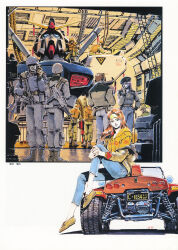  1980s_(style) 1girl artist_request assault_rifle beret boots cable christina_mackenzie dual_persona engine engineer gun gundam gundam_0080 gundam_alex hat helmet highres jacket looking_at_viewer machinery mecha military military_uniform mobile_suit oldschool production_art retro_artstyle rifle robot scan science_fiction sitting sitting_on_car soldier spacecraft_interior technical traditional_media uniform upper_body v-fin vest weapon 