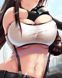 1girl breasts breasts_day brown_hair bursting_breasts crop_top elbow_gloves elbow_pads covered_erect_nipples final_fantasy final_fantasy_vii final_fantasy_vii_remake gloves highres huge_breasts long_hair midriff navel shirt smile solo stretching suspenders tifa_lockhart underboob white_shirt yuki_mizore  rating:Questionable score:81 user:danbooru