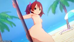  1girl 3d animated ass audible_music beach breasts brown_hair freefall highres huge_ass legs looking_at_viewer looking_back mini_person music naughty_face nude ocean open_mouth pole pole_dancing saru_getchu sayaka_(saru_getchu) small_breasts smile sound thighs twintails v video water 