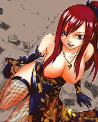  1girl breasts dress elbow_gloves erza_scarlet fairy_tail female_focus fishnets gloves high_heels jewelry large_breasts mashima_hiro necklace red_eyes red_hair thighhighs third-party_edit  rating:Explicit score:121 user:winglucario