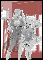  2girls absurdres animal_ear_fluff animal_ears bamboo_steamer baozi breasts china_dress chinese_clothes dim_sum dress drill_hair dumpling fan_no_hitori fang fishnet_gloves fishnets food fox_ears gloves hair_ribbon heart_pasties highres holding holding_tray hypnosis kuzunoha_gozen large_breasts looking_at_viewer maebari mind_control multiple_girls nanako_von_meinsfelt original panties pasties pussy_juice ribbon see-through sex_toy steam tail thick_thighs thigh_strap thighhighs thighs thong tray tsurime twin_drills twintails underwear vibrator vibrator_cord vibrator_in_thigh_strap vibrator_in_thighhighs vibrator_under_clothes vibrator_under_panties waitress 