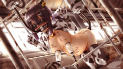 1girl anal anal_object_insertion animal_ears animal_print bell big_belly black_hair blindfold blush body_writing breast_pump breasts chain chained_wrists collar cow_ears cow_girl cow_horns cow_print cowbell dusk ear_tag fate/kaleid_liner_prisma_illya fate_(series) feeding force-feeding hair_ornament hairclip horns human_livestock indoors lactation large_breasts loli long_hair milking_machine miyu_edelfelt nipples object_insertion oppai_loli ponytail pregnant pregnant_loli pussy_juice restrained saliva solo stable sweat tears thighhighs touchuu_kasou vaginal vaginal_object_insertion window women_livestock rating:Explicit score:212 user:danbooru