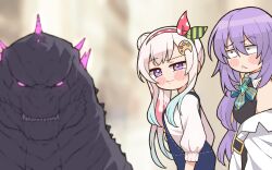 2girls airani_iofifteen blush_stickers crossover denim_overalls distracted_boyfriend_(meme) godzilla godzilla_(monsterverse) godzilla_(series) godzilla_evolved godzilla_x_kong:_the_new_empire hair_bun hairband highres hololive hololive_indonesia jacket kaijuu king_kong_(series) kukie-nyan legendary_pictures long_hair meme monsterverse moona_hoshinova multiple_crossover multiple_girls palette_hair_ornament pink_hair purple_eyes purple_hair side_ponytail sweater toho virtual_youtuber white_jacket