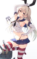 1girl anchor_hair_ornament black_hairband black_neckerchief black_panties blonde_hair blue_sailor_collar blue_skirt breasts cowboy_shot crop_top elbow_gloves gloves grey_eyes hair_ornament hairband hand_on_own_hip highleg highleg_panties highres kantai_collection long_hair microskirt midriff miniskirt miso_(misomiso_154) neckerchief panties pleated_skirt rensouhou-chan sailor_collar shimakaze_(kancolle) simple_background skirt small_breasts solo standing standing_on_one_leg striped_clothes striped_thighhighs thighhighs underwear white_background white_gloves rating:Sensitive score:29 user:danbooru