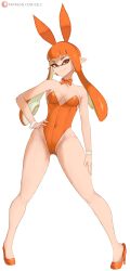  1girl absurdres breasts cameltoe cleavage dress gluteal_fold groin heels high_heels highleg highleg_dress highres inkling inkling_girl inkling_player_character legs leotard long_hair looking_at_viewer medium_breasts multicolored_hair navel nintendo no_socks orange_dress orange_eyes orange_hair playboy_bunny pointy_ears rabbit_ears small_breasts smile solo splatoon_(series) standing thighs two-tone_hair white_background zelc-face  rating:Sensitive score:15 user:OneTrueLoser