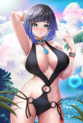  1girl absurdres arm_behind_head arm_up armpits black_hair black_one-piece_swimsuit blue_hair blue_nails blue_sky blush bracelet breasts choker closed_mouth cloud cloudy_sky day dice earrings genshin_impact green_eyes hand_up highres jewelry large_breasts leaf lens_flare mole mole_on_breast multicolored_hair nail_polish navel o-ring o-ring_swimsuit ocean one-piece_swimsuit outdoors purple_lips raised_eyebrows short_hair sky solo stomach sunlight swimsuit tassel thighs two-tone_hair wajuniorbox wet yelan_(genshin_impact) 
