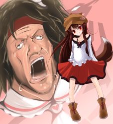  1boy 1girl animal_ears blouse blush boots breasts brooch doburoku_(daiginjou) drooling fang fang_out hat headband highres imaizumi_kagerou jewelry lazy_eye long_hair looking_at_viewer open_mouth parody pig rambo red_eyes red_hair shirt skirt small_breasts smile sylvester_stallone tail touhou wall-eyed wolf_ears wolf_tail aged_down 