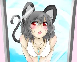 1girl animal_ears bad_id bad_pixiv_id bent_over bikini blush breasts cleavage downblouse fang female_focus female_pov grey_hair jewelry leaning_forward mirror moni_(credo) mouse_ears mouse_tail nazrin open_mouth pendant pov red_eyes short_hair solo swimsuit tail touhou white_bikini rating:Sensitive score:10 user:danbooru