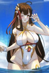  1girl absurdres ara_haan black_hair blue_sky blush breasts claw_pose day elsword hair_ornament highres large_breasts long_hair looking_at_viewer ocean recycle sky smile swimsuit very_long_hair wet wet_clothes yellow_eyes 