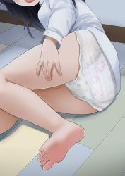  1girl absurdres ass barefoot black_hair diaper dress_shirt feet foot_focus foreshortening from_behind gogo_(201177) hand_on_own_thigh head_out_of_frame highres legs loli long_hair looking_back lying no_pants on_side open_mouth original shirt soles solo thighs toes white_shirt  rating:Questionable score:149 user:danbooru