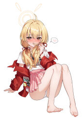  1girl absurdres ahoge barefoot blonde_hair blue_archive blush closed_mouth full_body halo heianjian highres jacket long_hair long_sleeves looking_at_viewer low_twintails official_alternate_costume open_clothes open_jacket panties pink_skirt pleated_skirt red_jacket shirt simple_background skirt solo spoken_blush toes twintails underwear white_background white_panties white_shirt yellow_eyes yellow_halo yoshimi_(band)_(blue_archive) yoshimi_(blue_archive) 