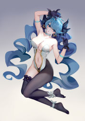 1girl absurdres alternate_costume arm_up bare_shoulders black_bow black_gloves blue_eyes blue_hair blush bow bozaigao_x breasts center_opening cleavage closed_mouth collarbone commentary_request drill_hair full_body gloves gradient_background grey_leotard groin gwen_(league_of_legends) hair_bow hair_ornament hand_up highres holding holding_scissors large_breasts league_of_legends leotard long_hair navel no_shoes revealing_clothes scissors single_leg_pantyhose single_thighhigh thighhighs twin_drills twintails rating:Sensitive score:25 user:danbooru