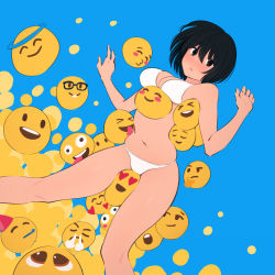 1girl bare_arms bare_shoulders between_legs bikini black_hair blue_background blush breasts commentary_request emoji heart highres kemuri_haku large_breasts looking_at_viewer multiple_others navel open_mouth original short_hair simple_background skindentation solo swimsuit white_bikini rating:Sensitive score:148 user:danbooru
