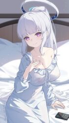 bare_shoulders blue_archive breasts chiyo_akira cleavage long_hair noa_(blue_archive) on_bed ponytail purple_eyes sitting smile solo white_hair