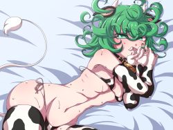 1girl animal_ears animal_print areola_slip ass bed bell bikini blush breasts chinese_zodiac collar covered_erect_nipples cow_ears cow_horns cow_print cow_print_bikini cow_tail curly_hair curvy elbow_gloves fake_animal_ears fake_horns fake_tail gloves green_eyes green_hair hanya_(hanya_yashiki) highres horns looking_at_viewer lying micro_bikini navel neck_bell on_bed on_side one-punch_man print_bikini shiny_skin short_hair side-tie_bikini_bottom small_breasts solo sweat swimsuit tail tatsumaki thighhighs year_of_the_ox rating:Questionable score:65 user:danbooru