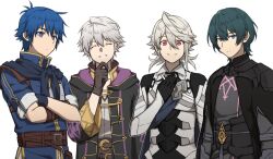  4boys armor black_hair blue_eyes blue_hair byleth_(fire_emblem) byleth_(male)_(fire_emblem) cape chest_guard closed_eyes coat commentary_request corrin_(fire_emblem) corrin_(male)_(fire_emblem) crossed_arms expressionless fire_emblem fire_emblem:_mystery_of_the_emblem fire_emblem:_three_houses fire_emblem_awakening fire_emblem_fates gloves hand_on_own_chest hand_up highres kris_(fire_emblem) kris_(male)_(fire_emblem) long_sleeves looking_at_viewer male_focus multiple_boys nintendo parted_lips pointy_ears red_eyes robin_(fire_emblem) robin_(male)_(fire_emblem) short_hair short_sleeves simple_background smile upper_body white_background white_hair zuzu_(ywpd8853) 