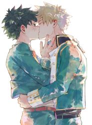  2boys absurdres bakugou_katsuki blonde_hair boku_no_hero_academia buttons closed_eyes commentary_request cowboy_shot freckles green_hair green_jacket hands_on_another&#039;s_waist highres jacket kiss long_sleeves male_focus midoriya_izuku multiple_boys open_clothes open_jacket short_hair simple_background spiked_hair unou_(unou_mha) white_background yaoi 