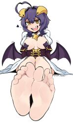  1girl ahoge barefoot breasts corset demon_horns feet foot_focus full_body hair_between_eyes heart heart_ahoge highres hiiragi_utena horns large_breasts low_wings magia_baiser mahou_shoujo_ni_akogarete open_mouth pasties purple_corset purple_hair short_hair shrug_(clothing) signature simple_background sitting smile softhanten soles solo star-shaped_pupils star_(symbol) star_pasties symbol-shaped_pupils teeth toes upper_teeth_only white_background wings yellow_eyes 