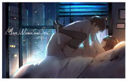 1boy 1girl arm_support artist_name backlighting bed black_hair black_thighhighs blanket breasts brown_hair city closed_eyes commentary convenient_arm couple english_commentary english_text from_side hetero highres hu_dako legs_up lying medium_breasts missionary night nude on_back on_bed original panties_around_leg parody pillow rain sex short_hair sideboob signature smile sweat thighhighs thighs window rating:Explicit score:193 user:danbooru