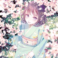  1girl black_hair blue_kimono cherry_blossoms commentary_request day enahamaru full_body grass grey_eyes hair_ornament highres japanese_clothes kimono looking_at_viewer obi original outdoors parted_lips sash short_hair sitting smile solo sunlight 
