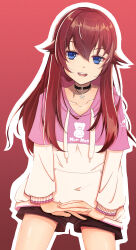  1girl absurdres blue_eyes brown_hair choker highres hololive hood hood_down hoodie jewelry laflam1n long_hair long_sleeves looking_at_viewer necklace official_alternate_eye_color open_mouth short_shorts shorts simple_background star_(symbol) star_necklace teeth tokino_sora tokino_sora_(streetwear) upper_teeth_only virtual_youtuber 