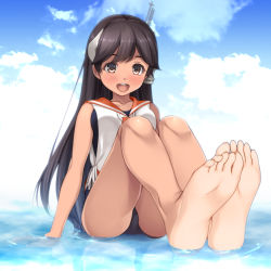 1girl barefoot black_hair black_one-piece_swimsuit blouse brown_eyes commentary_request feet feet_together foot_focus foreshortening headgear highres i-400_(kancolle) imachireki kantai_collection long_hair looking_at_viewer one-piece_swimsuit open_mouth orange_sailor_collar perspective sailor_collar sailor_shirt school_swimsuit shallow_water shirt sitting sleeveless sleeveless_shirt smile soles solo swimsuit swimsuit_under_clothes water white_shirt rating:Sensitive score:15 user:danbooru