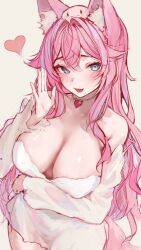  1girl :d animal_ear_fluff animal_ears arm_under_breasts blue_eyes blush breasts choker cleavage commentary cropped_legs detached_sleeves dress food fox_ears fruit hair_between_eyes hair_intakes hand_to_own_mouth heart highres indie_virtual_youtuber large_breasts long_hair looking_at_viewer mochiimochii_(vtuber) naokomama open_mouth parted_bangs pink_hair simple_background smile solo strawberry very_long_hair virtual_youtuber wavy_hair white_background white_choker white_dress 