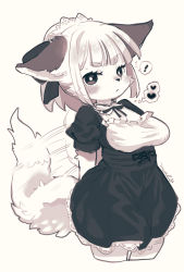  ! 1girl animal_ears arms_behind_back black_dress black_eyes blush bright_pupils cropped_legs dress female_focus fox_ears fox_girl fox_tail furry furry_female heart looking_at_viewer maid maid_headdress original shimabo simple_background solo spoken_exclamation_mark tail tail_wagging white_background white_hair white_pupils 