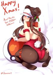 1girl absurdres artist_name ass ass_grab back blue_eyes blush bow breasts brown_hair christmas creatures_(company) double_bun fake_tail game_freak grabbing_own_ass hair_bun highres large_breasts leotard long_hair mistletoe nintendo pantyhose playboy_bunny poke_ball pokemon pokemon_bw2 rabbit_tail rosa_(pokemon) sideboob sitting solo soveno tail twintails visor_cap wariza white_background rating:Questionable score:41 user:JustHere4Butts