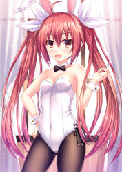 1girl :d animal_ears bare_shoulders black_pantyhose blush breasts candy cleavage commentary_request covered_navel cowboy_shot date_a_live detached_collar fake_animal_ears food hair_between_eyes hair_ribbon hand_on_own_hip hand_up holding holding_candy holding_food holding_lollipop indoors itsuka_kotori kmcgold30 leotard lollipop long_hair looking_at_viewer open_mouth pantyhose playboy_bunny rabbit_ears rabbit_girl red_eyes red_hair ribbon skin_tight small_breasts smile solo thighs twintails very_long_hair white_leotard white_ribbon wrist_cuffs rating:Sensitive score:50 user:danbooru