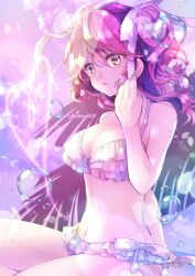  1girl artist_name bikini breasts bubble cheria_barnes female_focus frilled_bikini frills hair_between_eyes highres looking_at_viewer mihayuuno navel pink_eyes pink_hair signature solo swimsuit tales_of_(series) tales_of_graces two_side_up 