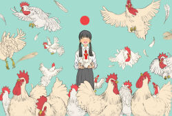  1girl absurdres animal bird black_hair chicken chinese_zodiac closed_eyes collared_shirt commentary_request dress feathers highres holding holding_animal long_hair long_sleeves low_twintails nengajou new_year open_mouth original rooster school_uniform shiki_haru shirt simple_background skirt smile solo too_many twintails white_shirt year_of_the_rooster 