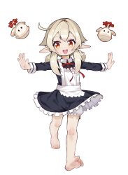  1girl apron barefoot feet genshin_impact highres klee_(genshin_impact) long_pointy_ears maid maid_apron ningmeng_chamao open_mouth outstretched_arms pointy_ears red_eyes simple_background soles solo teeth toes upper_teeth_only walking white_background 