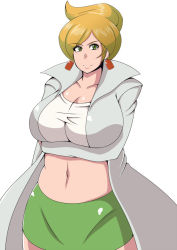  10s 1girl artist_request aurea_juniper blonde_hair breasts cleavage creatures_(company) earrings game_freak green_eyes huge_breasts jewelry lab_coat mole nintendo pokemon pokemon_bw short_hair shorts smile solo upskirt  rating:Questionable score:56 user:Furio