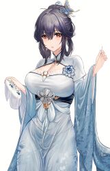  1girl azur_lane black_hair blue_flower breasts butterfly_hair_ornament chen_hai_(azur_lane) chen_hai_(sylvan_gaden&#039;s_embroidery)_(azur_lane) chinese_clothes cleavage cleavage_cutout clothing_cutout dress_flower floral_print flower hair_between_eyes hair_ornament highres large_breasts light_blush long_sleeves looking_at_viewer official_alternate_costume pannko6216 parted_lips red_eyes simple_background solo white_background wide_sleeves 