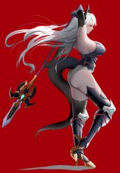  1girl breasts detached_sleeves dragon_girl dragon_horns dragon_tail epic_seven holding holding_weapon horns large_breasts luna_(epic_seven) red_eyes solo tail weapon white_hair  rating:General score:2 user:Emilator93