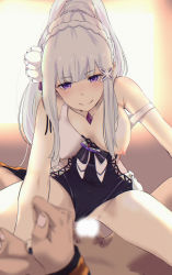 1boy 1girl absurdres assertive_female bare_shoulders bound braid breasts c: censored crown_braid emilia_(re:zero) femdom fingernails flower hair_flower hair_ornament highres large_breasts light_censor long_hair looking_at_viewer natsuki_subaru nipples one_breast_out pov psyto_qy2 purple_eyes pussy_juice re:zero_kara_hajimeru_isekai_seikatsu seductive_smile sex sidelocks smile swimsuit thick_thighs thighs tied_up x_hair_ornament rating:Explicit score:136 user:LordD