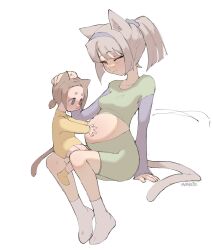  2girls animal_ears big_belly breasts cat_ears cat_girl cat_tail child grey_eyes hand_on_another&#039;s_head hand_on_another&#039;s_stomach highres light_brown_hair long_sleeves medium_breasts midriff miyu_(vanabette) mother_and_child multiple_girls original ponytail pregnant signature sitting sitting_on_lap sitting_on_person socks tail vanabette 