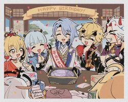  3girls 4boys :d ^_^ aether_(genshin_impact) ahoge aiguillette arataki_itto armor ayaka_(genshin_impact) bandages birthday birthday_sash black_choker black_gloves black_shirt blonde_hair blue_hair blue_sky blunt_bangs blunt_tresses blush border box breastplate brother_and_sister chest_harness chest_sarashi choker closed_eyes cloud colored_inner_hair commentary_request confetti crop_top cropped_jacket crossed_bangs day earrings envelope eyeshadow facepaint fake_horns fingerless_gloves genshin_impact gift gift_box gloves grin hadanugi_dousa hair_between_eyes hair_ornament hair_over_shoulder hair_ribbon hair_tubes halo happy happy_birthday harness headband high_ponytail highres horned_headwear horns indoors jacket japanese_armor japanese_clothes jewelry kamisato_ayato kimono lapels letter long_hair long_sleeves looking_at_another makeup medium_hair mole mole_under_eye mole_under_mouth mugime_(oretekisunshine) multicolored_hair multiple_boys multiple_girls neck_ring neck_tassel o-ring o-ring_choker open_clothes open_jacket open_kimono open_mouth orange_kimono paimon_(genshin_impact) parted_bangs pendant pendant_choker pink_ribbon purple_kimono purple_shirt red_choker red_eyeshadow red_hair red_horns red_jacket ribbon rope round_table sarashi sash shirt short_sleeves shoulder_armor shoulder_sash siblings sidelocks single_sode sky smile sode stud_earrings swept_bangs table tassel teeth thick_eyebrows thoma_(genshin_impact) two-tone_hair upper_teeth_only vision_(genshin_impact) white_border white_hair white_jacket yellow_eyes yoimiya_(genshin_impact) 