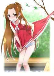 1girl accidental_exposure bare_legs bare_shoulders bench blurry blush branch brown_hair clenched_teeth clothes_lift clothes_pull clumsy depth_of_field dokidoki!_precure dress dress_lift dress_pull embarrassed eyelashes half_updo humiliation loli long_hair madoka_aguri nakahira_guy outdoors panties precure public_indecency red_eyes red_skirt skirt skirt_caught_on_object skirt_lift sleeveless solo striped_clothes striped_panties stuck sweat sweatdrop teeth underwear upskirt wardrobe_malfunction rating:Questionable score:70 user:danbooru