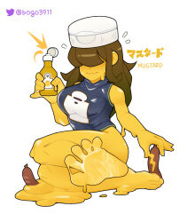  1girl bogo colored_skin covered_eyes curvy feet foot_focus hot_dog legs mustard sleeveless soles tight_clothes toes turtleneck yellow_skin 