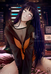  1girl bare_arms bare_legs bare_shoulders bicio black_hair black_jacket blunt_bangs breasts breasts_squeezed_together cleavage commission day fishnets head_tilt highres hime_cut hyuuga_hinata indoors jacket large_breasts leotard leotard_under_clothes light_particles long_hair looking_at_viewer magazine_(object) multicolored_clothes multicolored_jacket naruto naruto_(series) naruto_shippuuden orange_jacket paper pillow sign signature sitting solo two-tone_jacket very_long_hair watermark white_eyes window window_blinds zipper zipper_pull_tab 