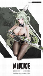  1girl ahoge animal_ears antenna_hair artist_request bare_shoulders black_bow black_bowtie black_leotard blunt_bangs blush bow bowtie breasts brown_pantyhose cleavage commentary detached_collar english_commentary fake_animal_ears goddess_of_victory:_nikke green_hair gun heart heart_ahoge highleg highleg_leotard highres holding holding_gun holding_weapon kneeling large_breasts leotard long_hair looking_at_viewer looking_back machine_gun mole mole_on_breast official_art open_mouth pantyhose playboy_bunny purple_eyes rabbit_ears smile soda_(nikke) soda_(twinkling_bunny)_(nikke) solo squatting strapless strapless_leotard teeth tongue twintails very_long_hair weapon wrist_cuffs 