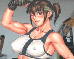  1girl :o ;d ;o animated animated_gif arm_up black_gloves blush bouncing_breasts bra breasts brown_hair bursting_breasts buttons clenched_hand closed_eyes covered_erect_nipples daimon_akiko embarrassed female_focus fingerless_gloves flexing game_cg gif_artifacts gloves grin hair_between_eyes headband large_breasts lingerie lips looking_at_viewer motion_blur muscular naughty_face nipples one_eye_closed open_bra open_clothes open_mouth photo_background ponytail popped_button scrunchie shirt short_hair sidelocks smile sports_bra straining_buttons surprised taisen_hot_gimmick taisen_hot_gimmick_4ever tears tomboy torn_clothes tsukasa_jun underwear upper_body wardrobe_malfunction white_bra wince wink  rating:Questionable score:76 user:M47