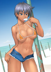  1girl abs bang-you bare_shoulders beach bikini bikini_top_only black_hair blue_eyes blue_sky breasts cleavage collarbone contrapposto cutoffs dark-skinned_female dark_skin day denim denim_shorts eating female_focus fingernails food grey_hair highres ice_cream large_breasts looking_at_viewer micro_bikini navel open_fly open_mouth orange_bikini original outdoors popsicle ryouko-chan short_hair short_shorts shorts skindentation sky solo standing string_bikini swimsuit tan tanline toned tongue unbuttoned unzipped  rating:Questionable score:203 user:BlueBaroness