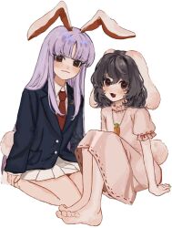  2girls :3 animal_ears b_nosk101 barefoot black_hair black_jacket blazer blunt_bangs carrot_necklace closed_mouth collared_shirt dress floppy_ears full_body highres inaba_tewi jacket jewelry long_hair long_sleeves miniskirt moon_rabbit multiple_girls necklace necktie open_mouth pink_dress pink_skirt pleated_skirt puffy_short_sleeves puffy_sleeves purple_hair rabbit_ears rabbit_girl rabbit_tail red_eyes red_necktie reisen_udongein_inaba seiza shirt short_hair short_sleeves simple_background sitting skirt smile tail toes touhou very_long_hair white_background white_shirt 