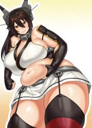 10s 1girl angry bad_id bad_pixiv_id bare_shoulders belly_grab breasts brown_hair cleavage clenched_hand embarrassed fat gigantic_breasts gradient_background headgear highres kantai_collection long_hair looking_at_viewer midriff miniskirt nagato_(kancolle) navel plump red_eyes skindentation skirt solo standing synecdoche thick_arms thick_thighs thighhighs thighs wavy_mouth weight_conscious rating:Sensitive score:58 user:danbooru